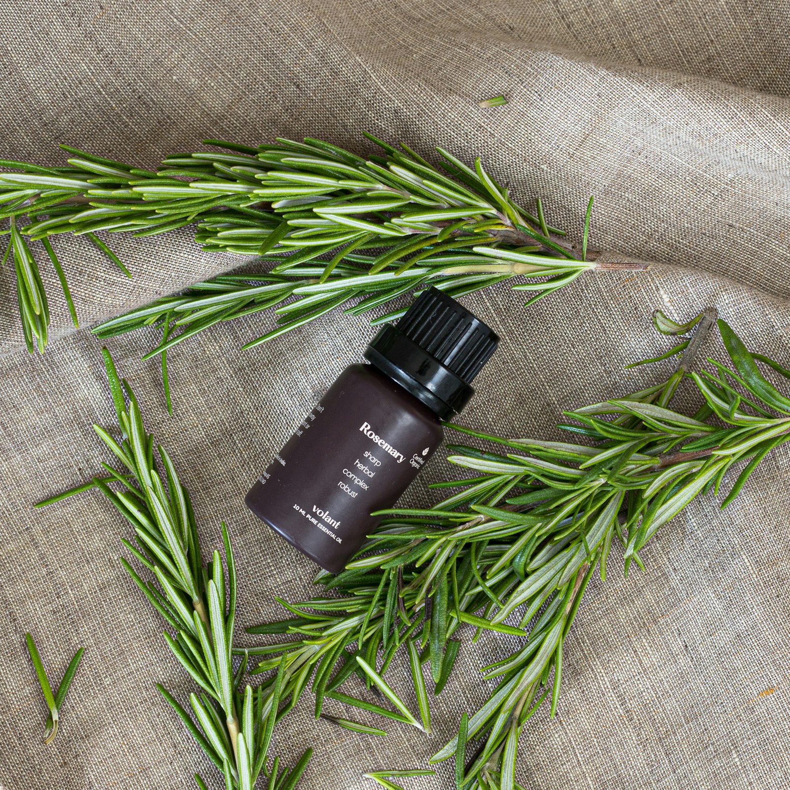 Rosemary essential oil bottle with natural botanicals